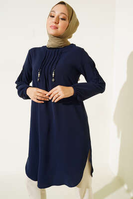 Önü İpli Kolyeli Tunik Lacivert - Tunik