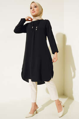Önü İpli Kolyeli Tunik Siyah - Tunik