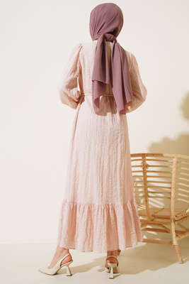 Önü İşlemeli Hasır Kemerli Elbise Pudra - Thumbnail