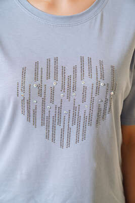 Önü Kalp Taşlı T-shirt Gri - Thumbnail