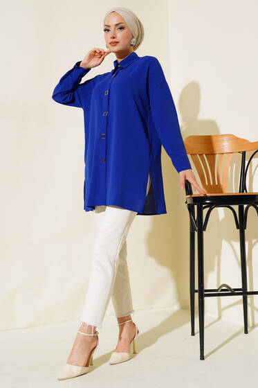 Önü Kare Çıtçıt Detaylı Tunik Saks - Tunik