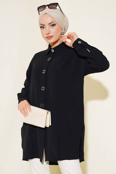 Önü Kare Çıtçıt Detaylı Tunik Siyah - Tunik