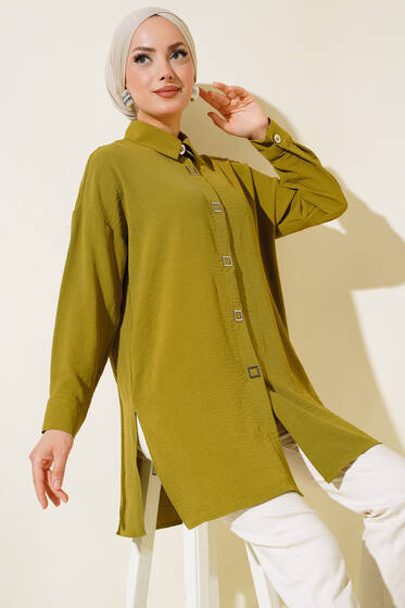 Önü Kare Çıtçıt Detaylı Tunik Yağ Yeşili - Tunik