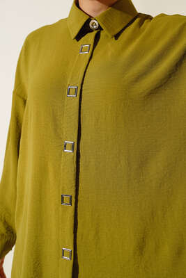 Önü Kare Çıtçıt Detaylı Tunik Yağ Yeşili - Thumbnail