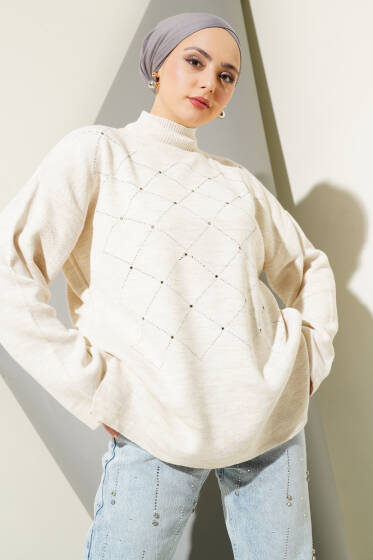 Önü Kare Mini Taşlı Triko Tunik Bej - Tunik