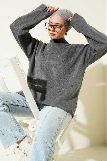 Önü Kare Mini Taşlı Triko Tunik Füme - Tunik