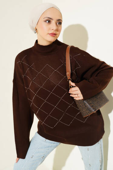 Önü Kare Mini Taşlı Triko Tunik Kahve - Tunik