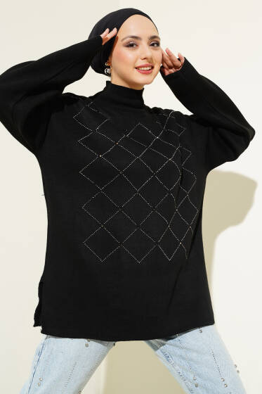 Önü Kare Mini Taşlı Triko Tunik Siyah - Tunik