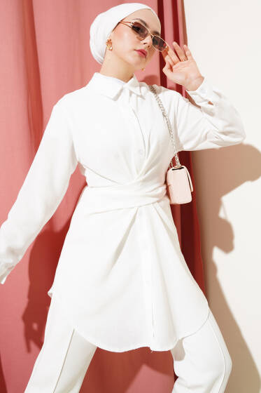 Önü Kendinden Bağlamalı Gömlek Beyaz - Gömlek