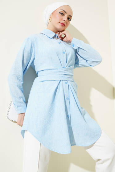Önü Kendinden Bağlamalı Gömlek Mavi - Gömlek