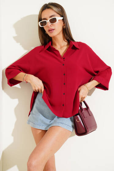 Önü Kısa Arkası Uzun Gömlek Bordo - Kadın Giyim Modelleri