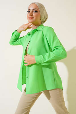 Önü Kısa Klasik Gömlek Fıstık Yeşili - Thumbnail