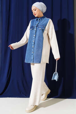 Önü Kot Garnili Triko İkili Takım Bej 