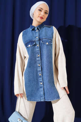 Önü Kot Garnili Triko İkili Takım Bej - İkili Takım