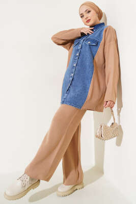 Önü Kot Garnili Triko İkili Takım Bisküvi 