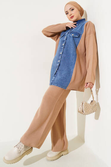 Önü Kot Garnili Triko İkili Takım Bisküvi - İkili Takım