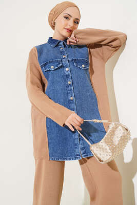 Önü Kot Garnili Triko İkili Takım Bisküvi - İkili Takım