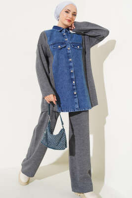 Önü Kot Garnili Triko İkili Takım Füme 