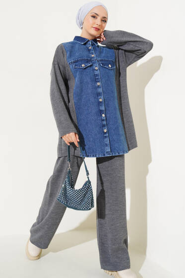 Önü Kot Garnili Triko İkili Takım Füme - İkili Takım