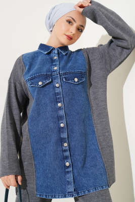 Önü Kot Garnili Triko İkili Takım Füme - İkili Takım