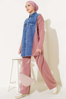 Önü Kot Garnili Triko İkili Takım Gül Kurusu - İkili Takım