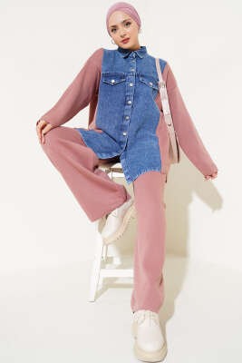 Önü Kot Garnili Triko İkili Takım Gül Kurusu 