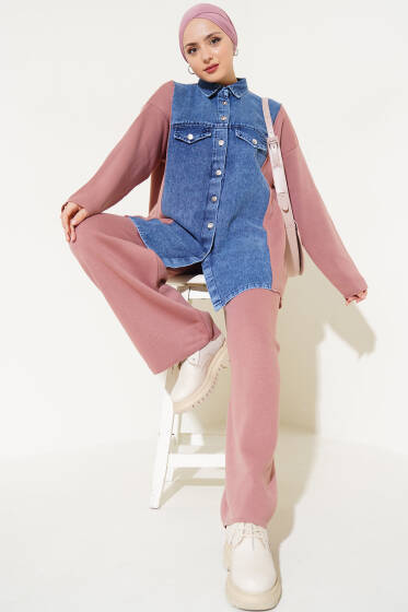 Önü Kot Garnili Triko İkili Takım Gül Kurusu - İkili Takım