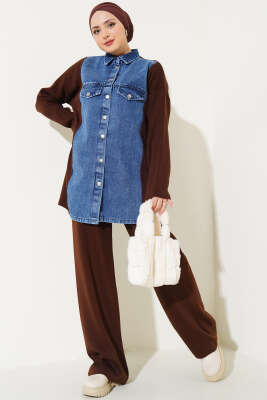 Önü Kot Garnili Triko İkili Takım Kahve 