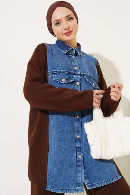 Önü Kot Garnili Triko İkili Takım Kahve - İkili Takım