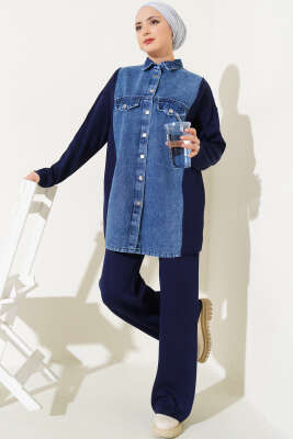 Önü Kot Garnili Triko İkili Takım Lacivert - İkili Takım