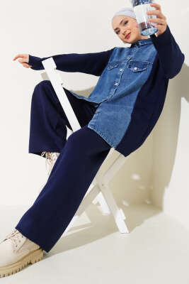 Önü Kot Garnili Triko İkili Takım Lacivert - İkili Takım