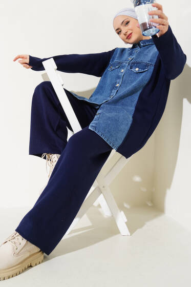 Önü Kot Garnili Triko İkili Takım Lacivert - İkili Takım