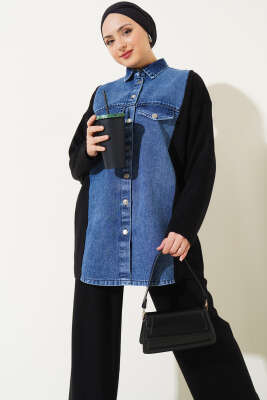 Önü Kot Garnili Triko İkili Takım Siyah - İkili Takım