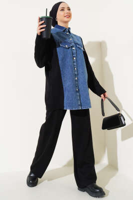 Önü Kot Garnili Triko İkili Takım Siyah 