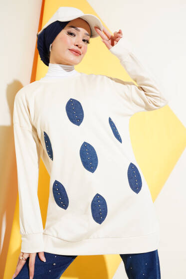 	 Önü Kot Yaprak Detaylı Tunik Bej - Tunik