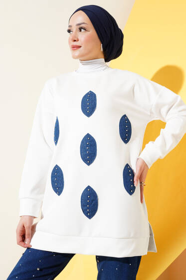 	 Önü Kot Yaprak Detaylı Tunik Beyaz - Tunik