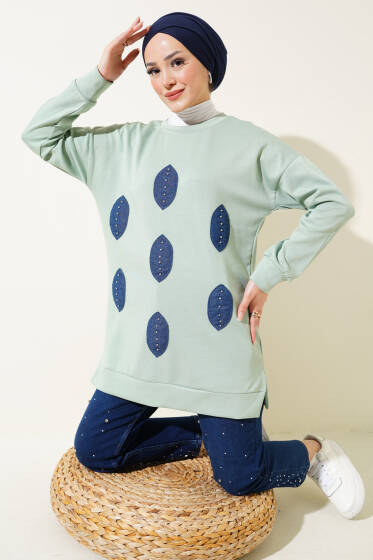 	 Önü Kot Yaprak Detaylı Tunik Çağla Yeşili - Tunik