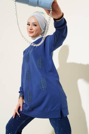 Önü Kot Yaprak Detaylı Tunik Lacivert - Tunik