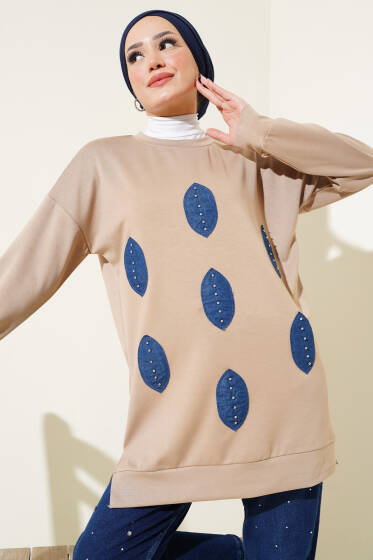 Önü Kot Yaprak Detaylı Tunik Latte - Tunik