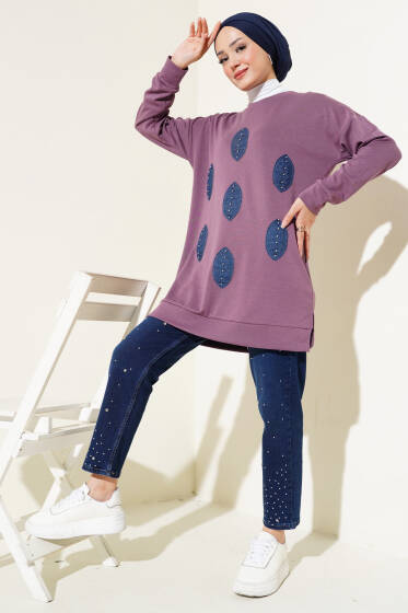 Önü Kot Yaprak Detaylı Tunik Magenta - Tunik
