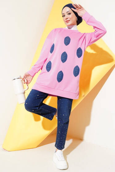 Önü Kot Yaprak Detaylı Tunik Pembe - Tunik