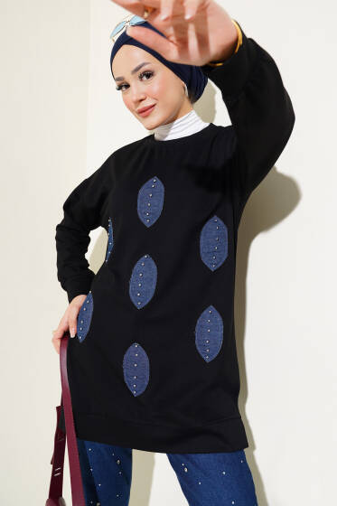 Önü Kot Yaprak Detaylı Tunik Siyah - Tunik