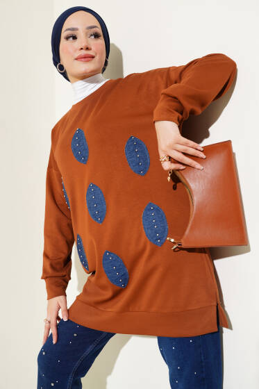 Önü Kot Yaprak Detaylı Tunik Taba - Tunik