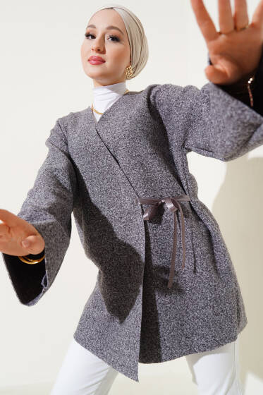 Önü Kurdeleli Buklet Ceket Füme - Ceket