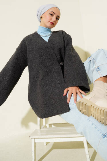 Önü Kurdeleli Buklet Ceket Mint Antrasit - Ceket