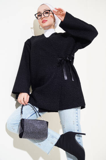 Önü Kurdeleli Buklet Ceket Siyah - Ceket