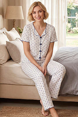 Önü Kurdeleli Yıldızlı Pijama Takımı Lacivert 