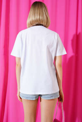 Önü Kuş Baskılı Basic T-shirt Beyaz - Kadın Giyim Modelleri