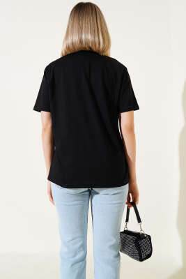 Önü Kuş Baskılı Basic T-shirt Siyah - Kadın Giyim Modelleri
