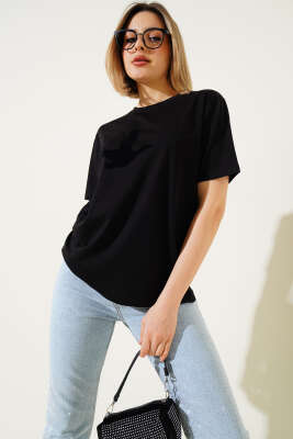 Önü Kuş Baskılı Basic T-shirt Siyah 